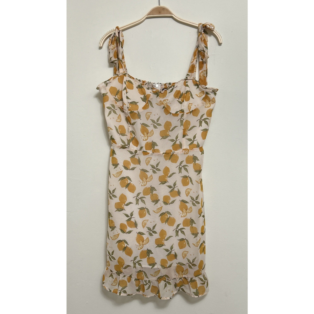 Aqua LEMON Print Mini Summer Dress Size Large Chiffon Tie Straps Ruffle Lined